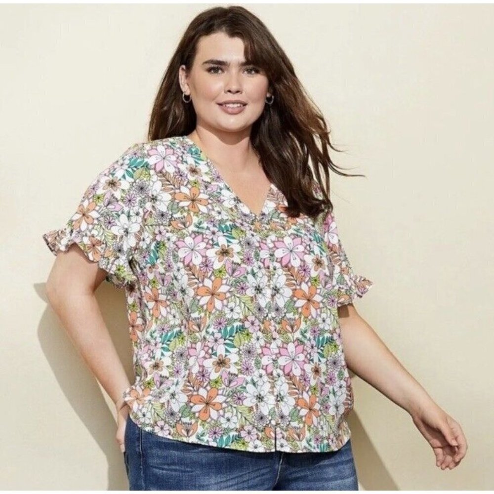 CECE Floral Ruffle Sleeve Top Button Front Blouse Plus Sz 3X Retro